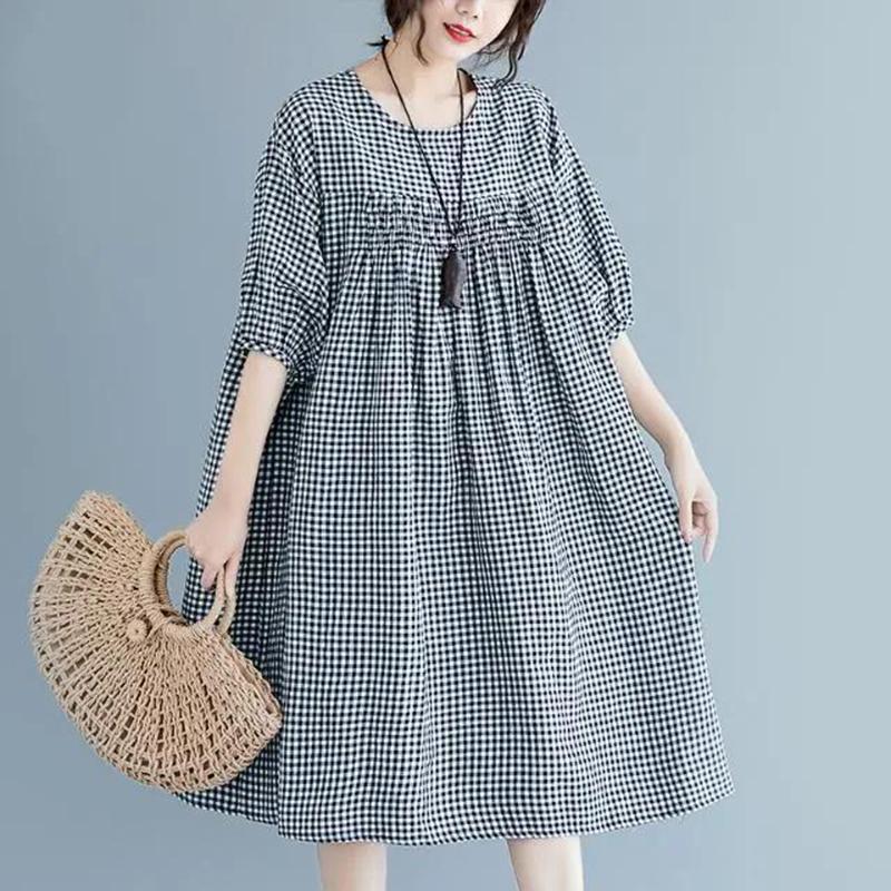 WTEMPO Plus Size Ladies Dress Summer 1/2 Sleeve Round Neck Long Dress Casual Mid-calf Length Plaid Dress