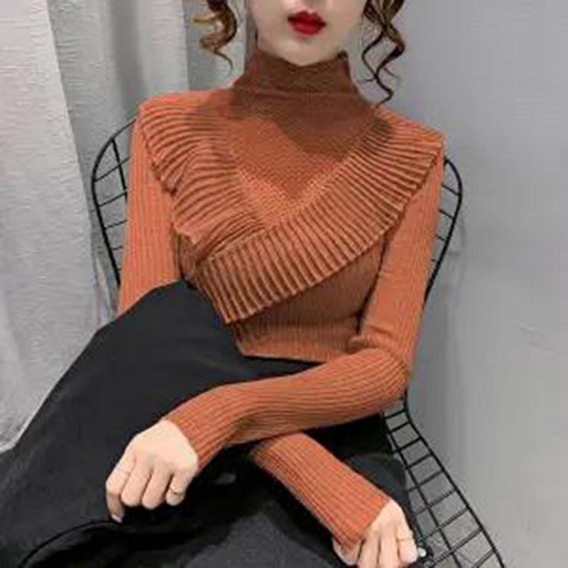 Ruffled Half Turtleneck Sweater Women  Autumn  Winter Wear Lace Style Self-cultivation Hollow Knit Bottoming Shirt Top