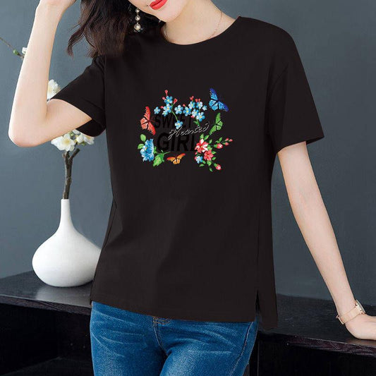 Women Summer Short Sleeve T-shirt Vintage Round Collar Casual T-shirt Slim Elegant Large Sizes Print T-shirt