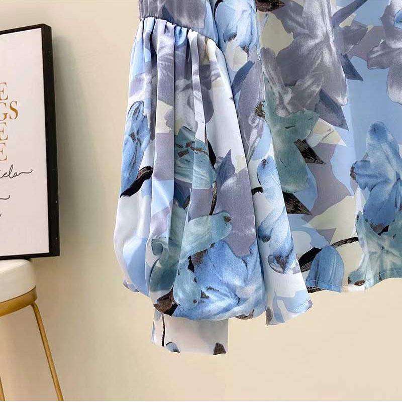 Floral Chiffon Puff Sleeve Top Thin Chiffon Shirt Women's Loose Casual Top Stand Collar Long Sleeves