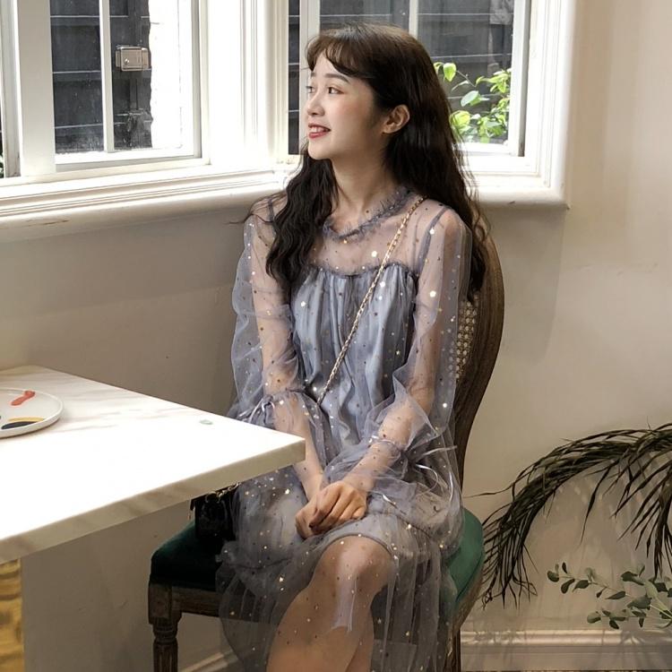 Spring and Summer Sweet Mesh Dress Female Student Sequined Tie Bow Long Skirt