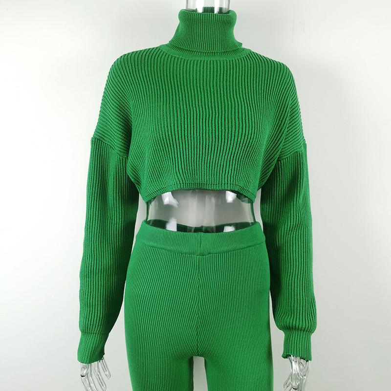 2PCS Ladies Sweater Set High Neck Long Sleeve High Waist Solid Color Wool Pants Two Piece Casual Suit Pullover Sweater Multicolor Bottoming Shirt