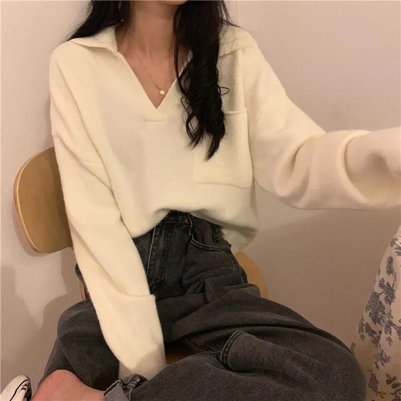 Autumn and Winter Students Lazy Wind V-neck Long-sleeved Sweater Loose Outer Wear Pullover Sweater Women