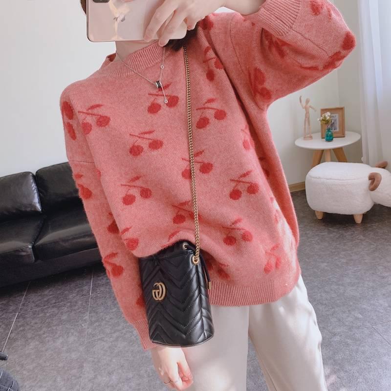 Women Knitwear Crew Neck Loose Simple Color Cherry Heart Print Sweater Pullover Jumper Top