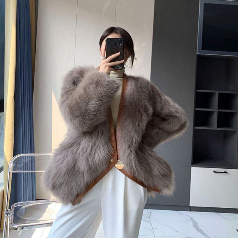 Fur Coat Winter Ladies Retro Fashion V-neck Waist Thickened Warm Mid-length Fur All-in-one Plush Jacket