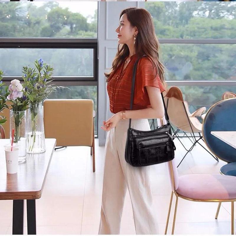 Portable Leather Lady One-shoulder Travel Multi-layer Classic Soft Surface Retro Cross-body Bag