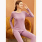 Women's Long Sleeve Cotton Thermal Underwear Round Neck Solid Color Bottoming Pajama Set Slim Fit Elastic Pants Two Piece Set Sleeping Suit