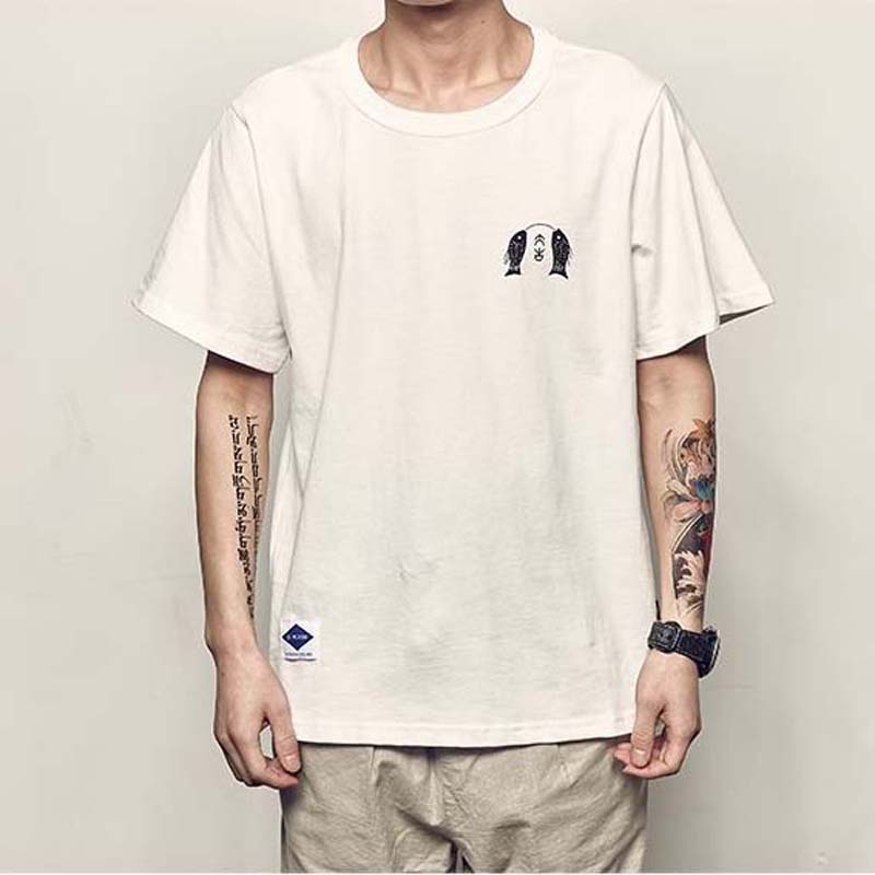 Summer New Japanese Five-point T-shirt Men's Retro Acrobatic Cat Printing Comfortable and Versatile Short Sleeves