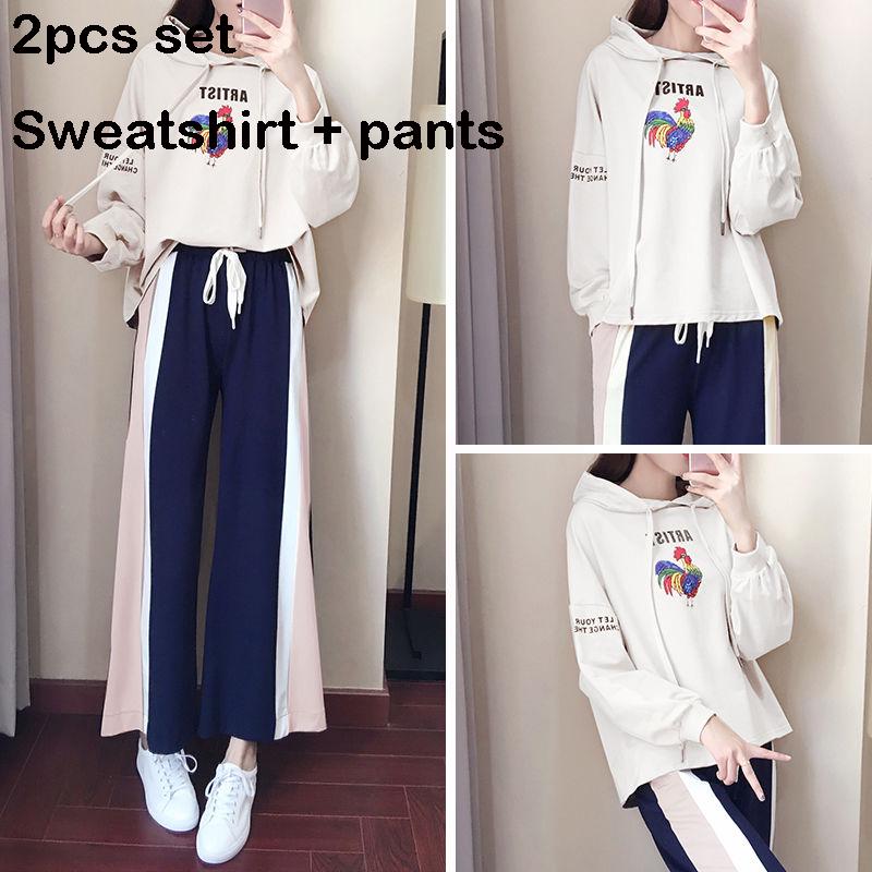 Two pcs set wild long-sleeved casual sweatshirt set large size spring and autumn women's clothing