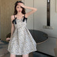 Female Summer Vintage Bow A-line Holiday Dress Slim Elegant Backless Little Fresh Print Party Dress