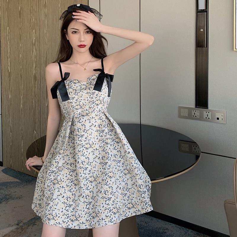 Female Summer Vintage Bow A-line Holiday Dress Slim Elegant Backless Little Fresh Print Party Dress