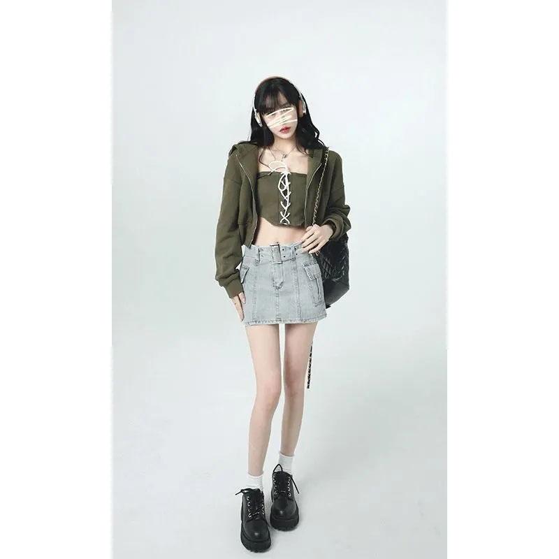 3PCS Women's Sports Street Adjustable Tube Top + Short Jacket + Loose Pants Three-piece Suit Ladies Long Sleeve Hooded Cardigan Jacket Suit