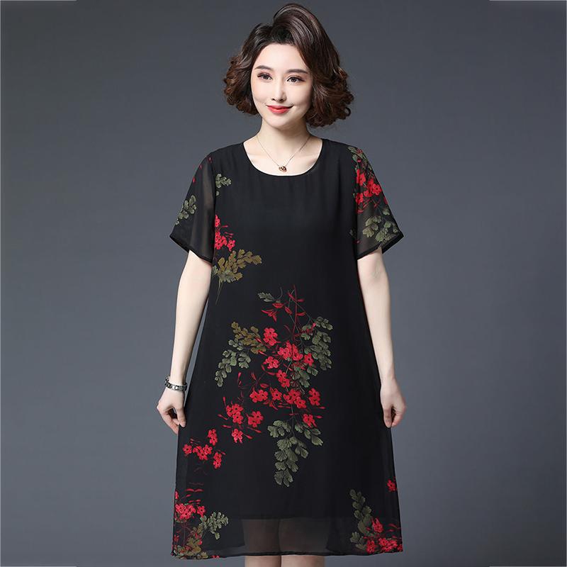 XL-XXXXXL Women's summer dress Chiffon Veil Short sleeve Round neck printing Daily wear