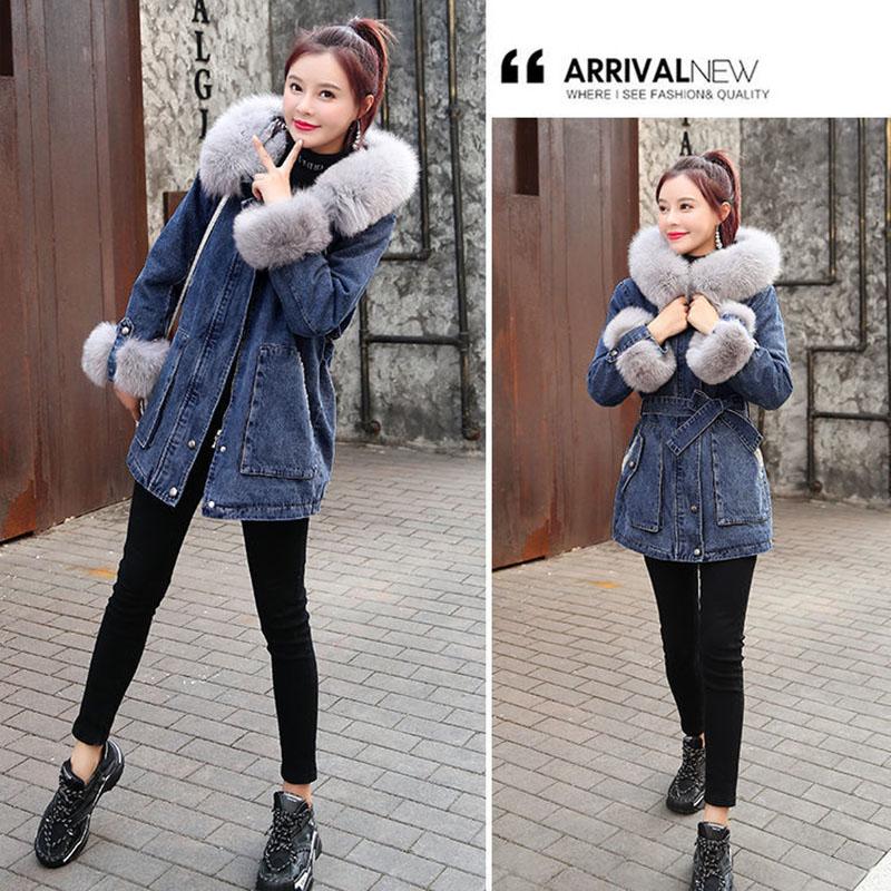 Winter Plus Velvet Thick Denim Jacket Women Loose Snow Rabbit Fur Mid-length Denim Cotton Jacket Casual Plus Size Women's Jacket