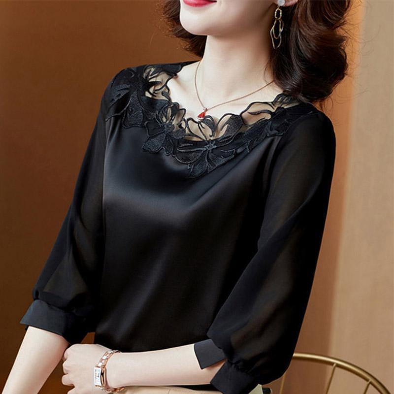 Three-quarter Sleeves Plus Size Chiffon Top Women's Embroidered Loose Round Neck Satin Mother's Belly Cover Shirt