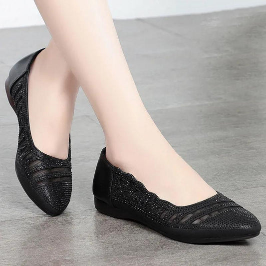 Beef Tendon Soft Bottom Summer Soft Leather Women's Shoes Mesh Hollow Sandals Soft Flat Work Women's Shoes Maternity Shoes
