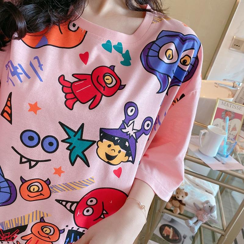 Painted Graffiti Women Dress Girl Loose O-Neck Casual Long T-shirt Dress Big Loose Home Outer