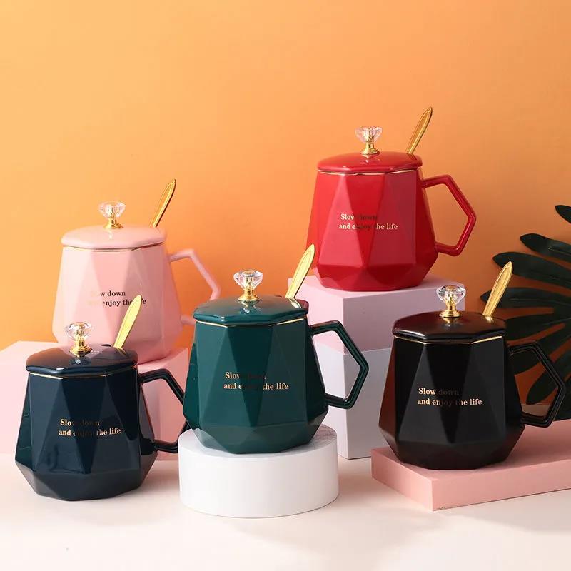 Coffee Cup Mug with Lid Spoon Ceramic Cup European Style Korean Female Student Large-capacity Tea Cup Home Drinking Water