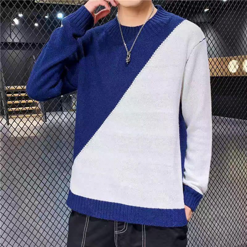 Splicing Color Slim Men's Knit Jacket Long Sleeve Round Neck Fashion Sweater Casual Low Collar Blouse