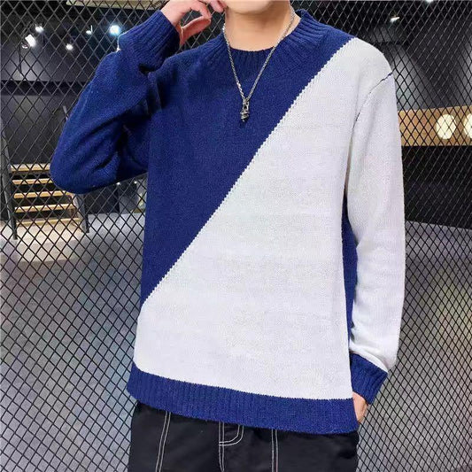 Splicing Color Slim Men's Knit Jacket Long Sleeve Round Neck Fashion Sweater Casual Low Collar Blouse