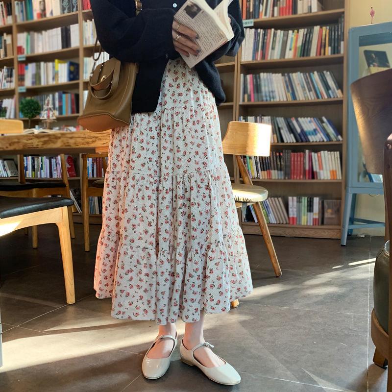 Women's Chiffon Floral Skirt Summer  High Waist Mid-length A-line Draping Fairy Dress
