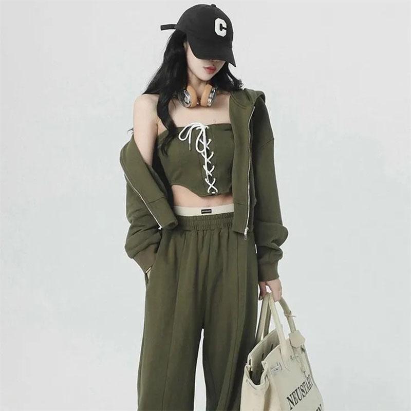 3PCS Women's Sports Street Adjustable Tube Top + Short Jacket + Loose Pants Three-piece Suit Ladies Long Sleeve Hooded Cardigan Jacket Suit