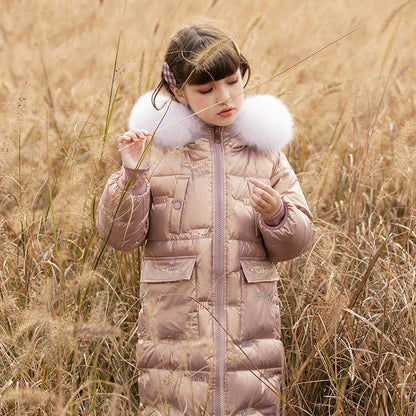 Girls' Warm Down Jacket Mid-length Shiny Winter Dress Thicken Plus Fleece Windproof Jacket