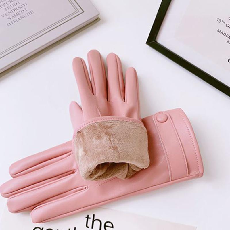 Women's Leather Gloves Winter Plus Velvet Thick Gloves Korean Imitation Sheepskin Pattern Touch Screen Gloves