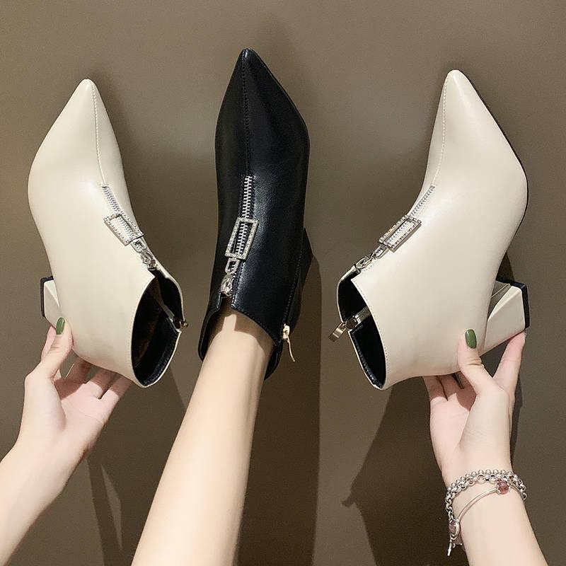 Women's Boots Autumn Winter British Wind Front Zipper Square Head Martin Boots High Heels Thick With
