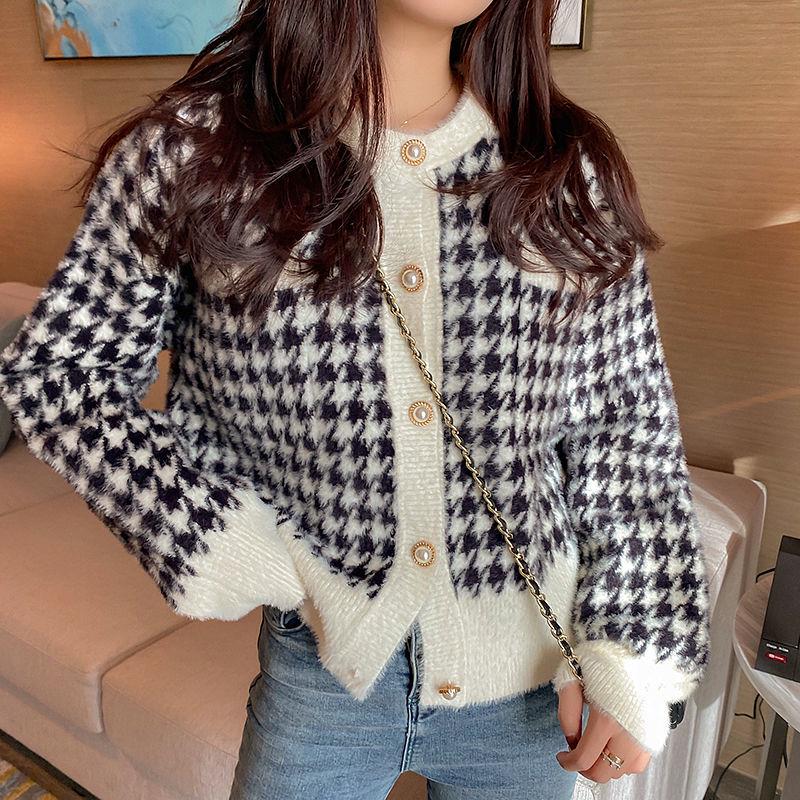 Top Women's Autumn Small Fragrant Wind Sweater Cardigan Jacket Short Plaid Mink Fleece Sweater