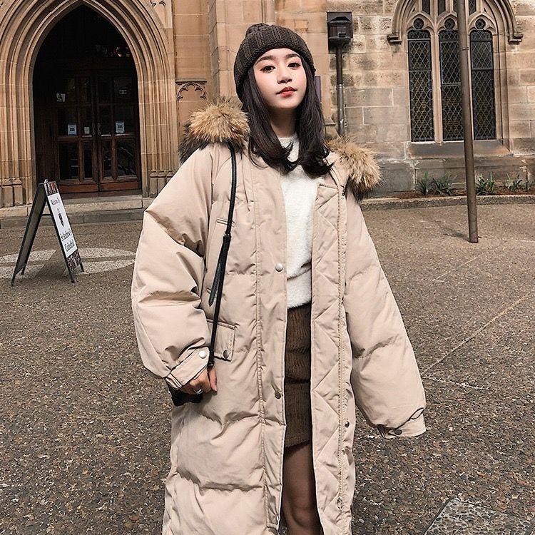 Women's Mid-length Down Padded Jacket Korean Version of Thick Bread Jacket Coat with Loose and Classic Big Fur Collar