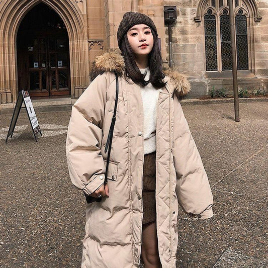 Women's Mid-length Down Padded Jacket Korean Version of Thick Bread Jacket Coat with Loose and Classic Big Fur Collar