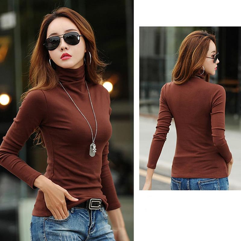 Fashion Women's Pullover Winter High Neck Women's Bottoming Shirt Long-sleeved Solid Color Slim Women's Cotton Top