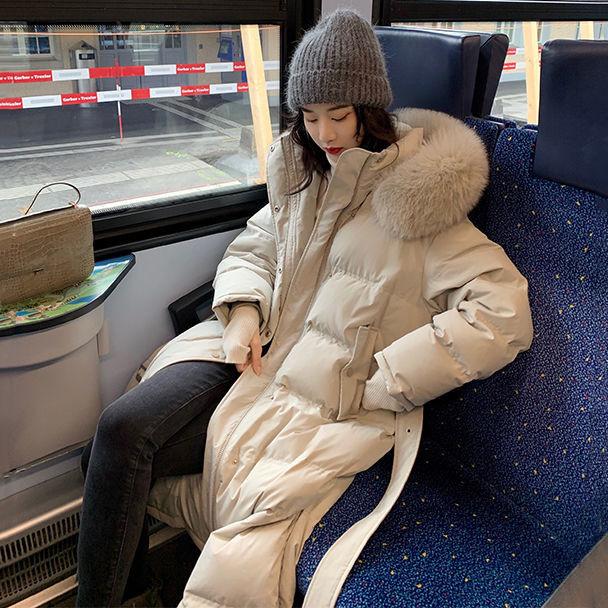 White Duck Down Long Knee-waisted Fluffy Big Fur Collar Hooded Down Jacket Women's Winter Warmth Long Cotton Jacket Parker Jacket