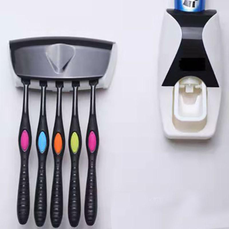 Automatic Toothpaste Dispenser + 5pcs Toothbrush Holder Set Wall Mount Rack Bathroom Accessories
