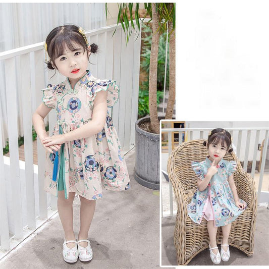 Girls Cheongsam Skirt Summer Dress Baby Girl Summer Style Hanfu Tang Suit Children Foreign Style Flying Sleeve Dress