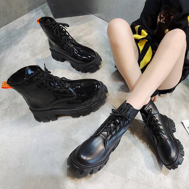 Women Winter Boots Motorcycle Ankle Boots Lace Up Shoes Woman Black PU Leather Zipper Martin Bootie