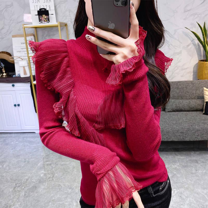 Women Sexy Lace Ruffles Base Jumper Turtleneck Solid Color Knitwear Slim Bottoming Sweaters