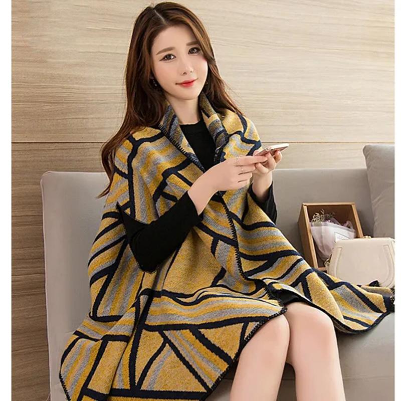 Women's Autumn Winter Wear Shawl Jacket Middle-aged Sweater Cardigan Sweater Shirt Outside Loose Mid-length Outerwear Double-sided Printing Shawl