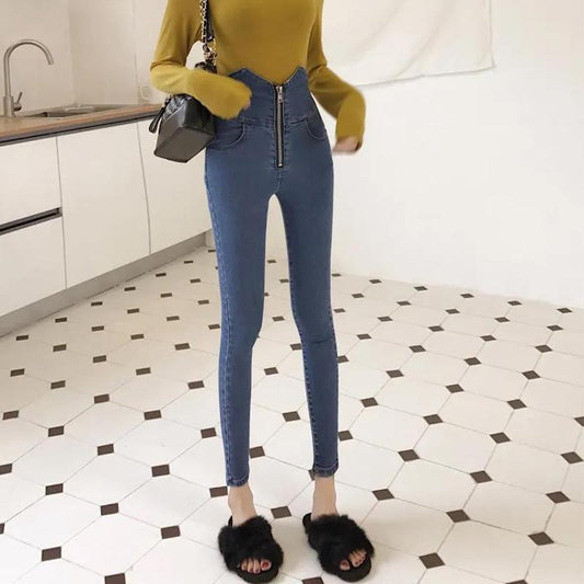 Women's Spring and Autumn High-waisted Thin Feet Pencil Pants Girls All-match Elastic Skinny Jeans