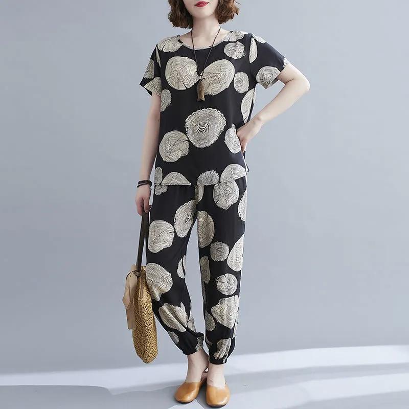Women Summer Homewear Pajamas Set Short Sleeve Ninth Pants Casual Two Piece Set Print Loose Large Size Top and Pants Comfortable Tracksuirt Pajama Set