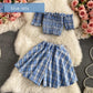 2pcs/set Women Sexy Skirt Suit Sexy Off-shoulder Crop Top + Mini Skirt  Two-piece Set Female Plaid Outfits