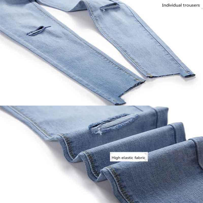 WTEMPO Hole Jeans Women Nine Points Version Was Thin and High Waist Tight Eight Points Pants Feet Summer