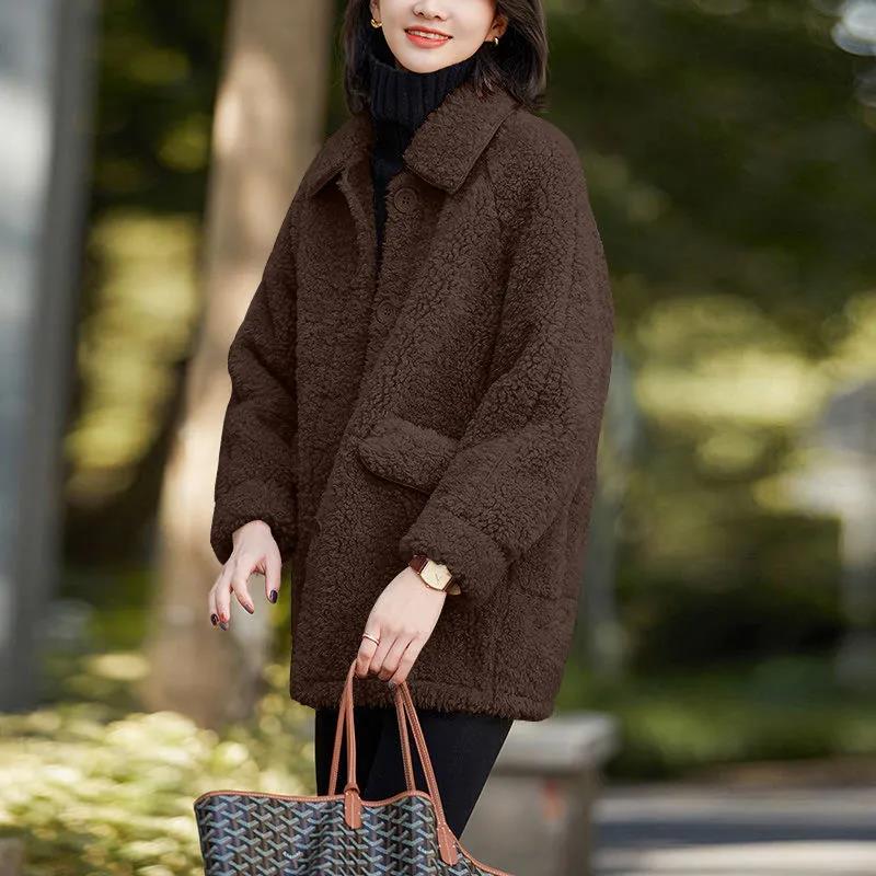 Fashion Ladies Lapel Lamb Velvet Jacket Winter Long Large Size Button Jacket Thick Warm Long-sleeved Cardigan Jacket