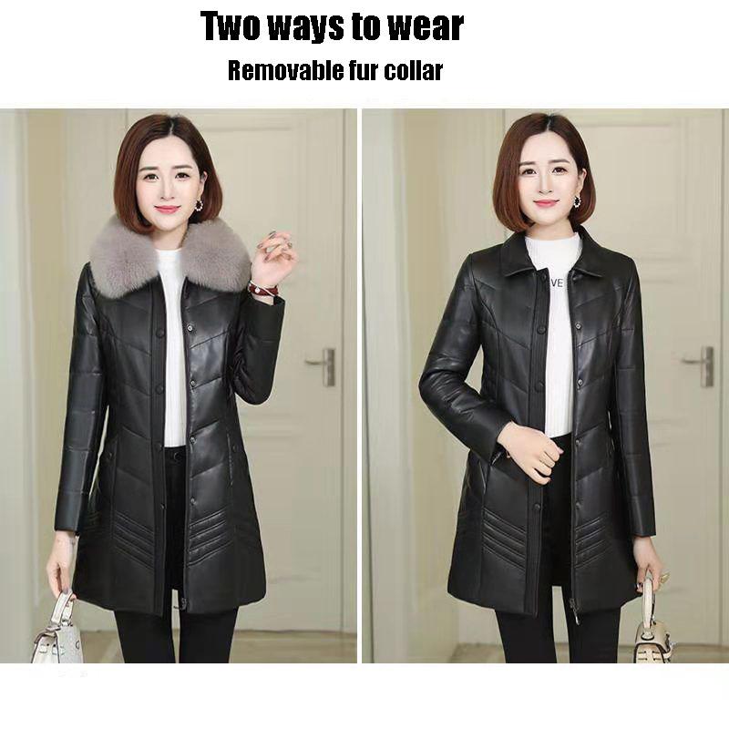 Women's PU Leather Coat  Mid-length Windproof Thick Warm Parka with Detachable Fur Collar Female Overcoat Outerwear Plus Size
