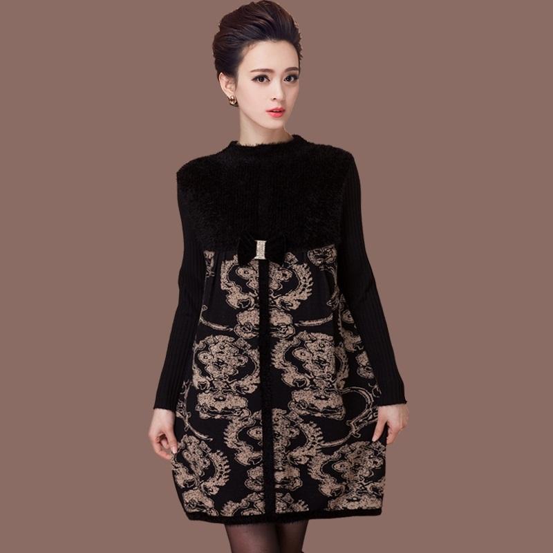Vintage  Printed Woolen Sweater Women Thickened Long High Neck Furry Pullover Dress Plus Size  Loose Bottoming Sweater Dress