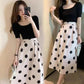 Classic French Suit Women's White Polka Dot Dress Square Collar Black Short-sleeved Top Big Swing A-line Skirt Two-piece Set
