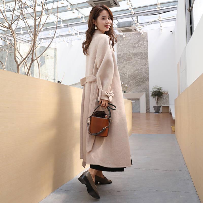 Elegant Long Women's Coat Lapel 2 Pockets Belted Jackets Solid Color Coats Female Outerwear