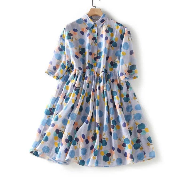 Summer Printed Half Sleeved Dress Women's Mid-length Korean Slim Fit Plus Size Long Skirt Lapel Pleated A-line Skirt Colorful Polka Dot Dress