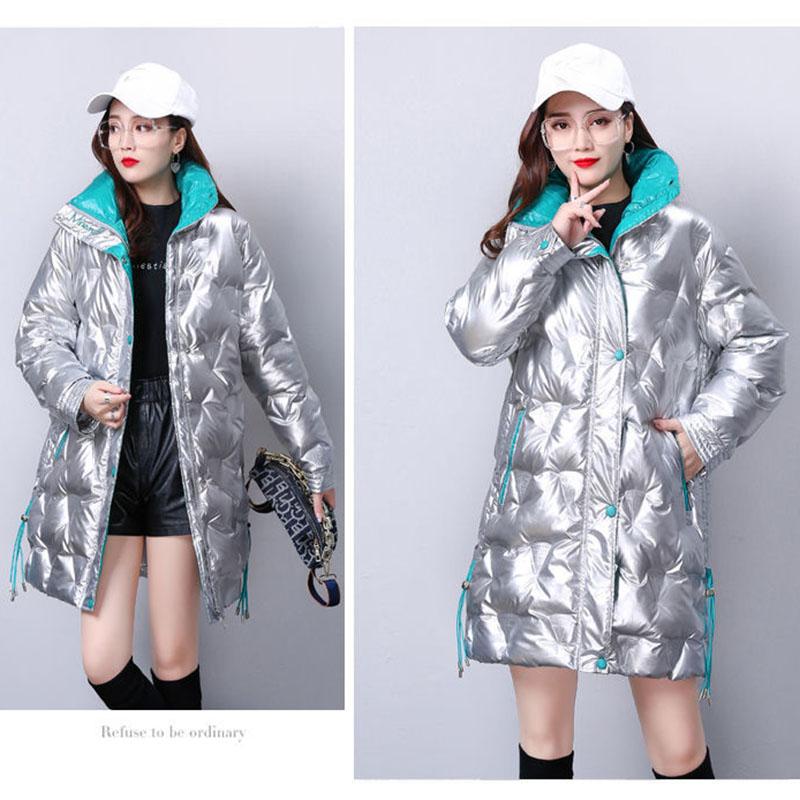 Shiny Winter Jacket Women Mid-length Stand-up Collar Thick Warm Loose  Padded Jacket Windproof Drawstring Ladies Coats
